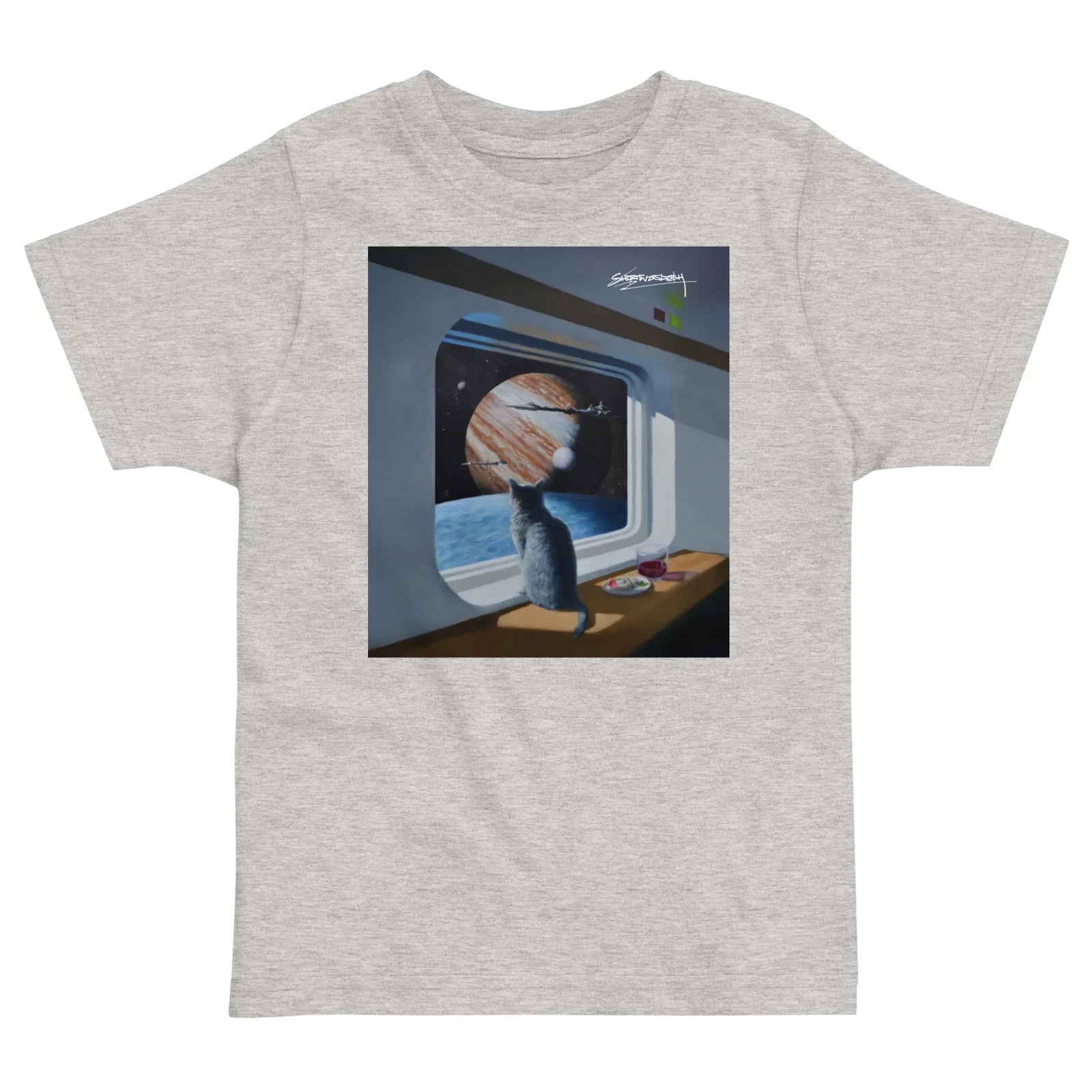 Starship Cat Kid's Tee - The juxtaposition of the mundane sushi lunch against the colossal terracotta (#CC8A5E) gas giant, framed by the distinctive rounded brutalist starship architecture on a deep obsidian black (#111111) base.
