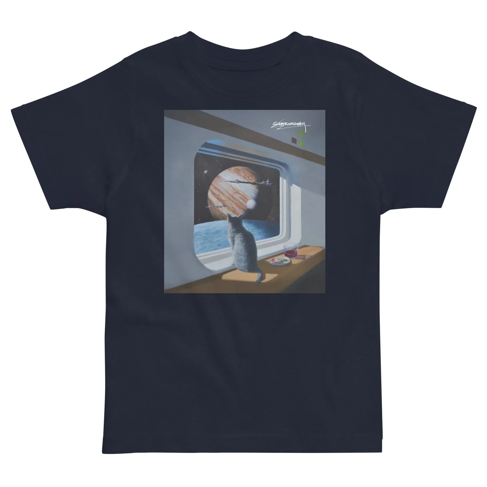 Starship Cat Kid's Tee in Galactic Obsidian & Terracotta. WRAP Certified, CPSIA Compliant, Eco-Certified Inks.