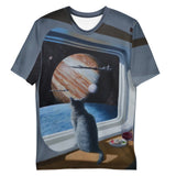 Rendered in a realistic oil painting style, a grey feline gazes from a cool slate grey cabin toward a massive gas giant swirled with rusty sandstone and creamy beige. Contact us with accessibility feedback, we'd love to help!