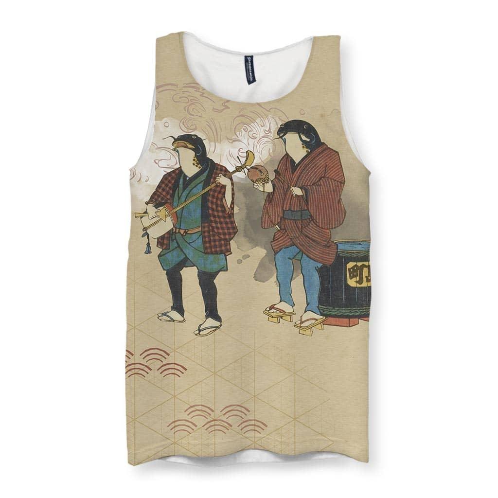 Two anthropomorphic catfish dressed in Edo-period garments dominate this vintage ukiyo-e inspired design against an antique parchment beige background. Contact us with accessibility feedback, we'd love to help!