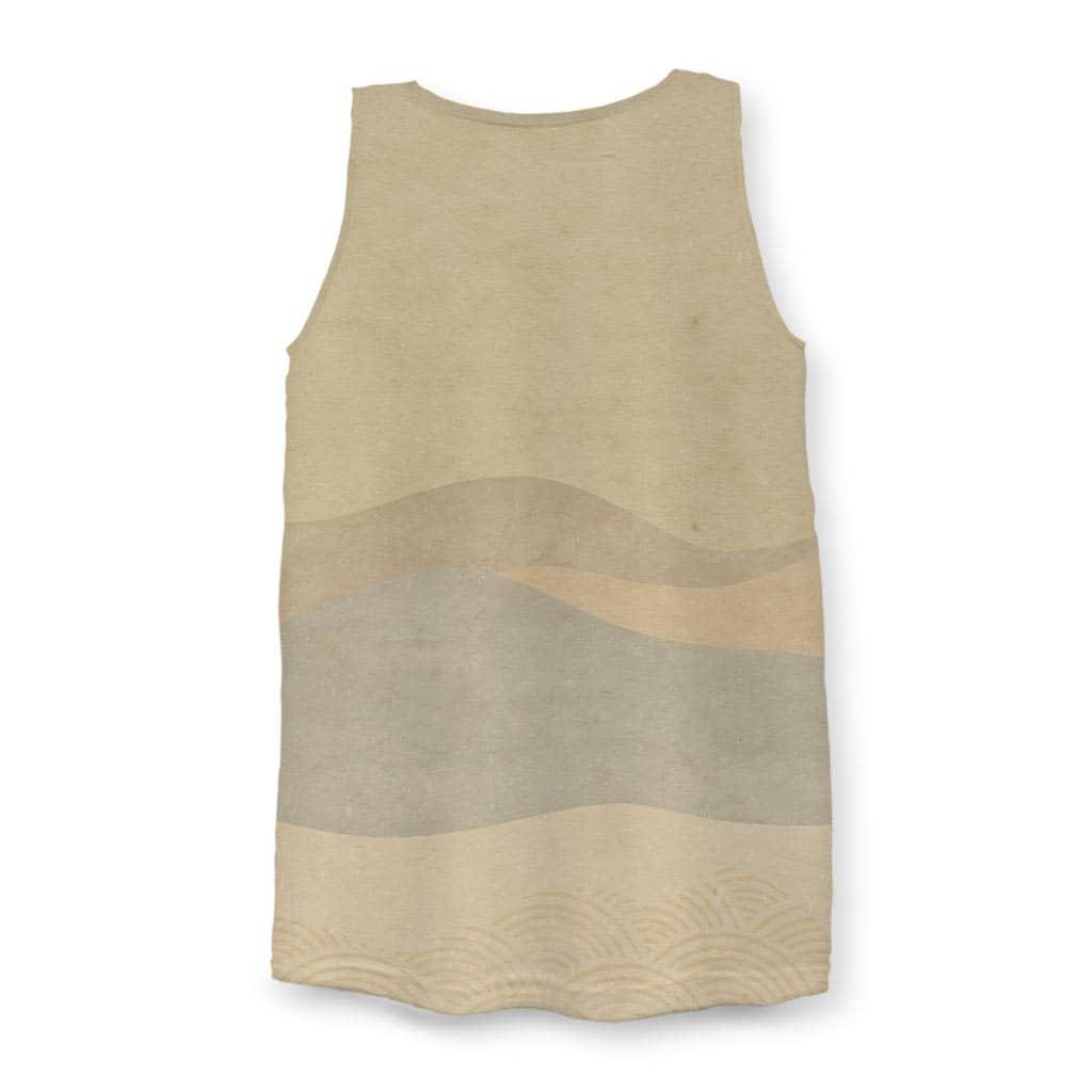 Street Catfish Men's Tank - The terracotta (#8C4B3E) clad catfish strumming a shamisen against a faux-washi parchment (#D2C6A3) backdrop.