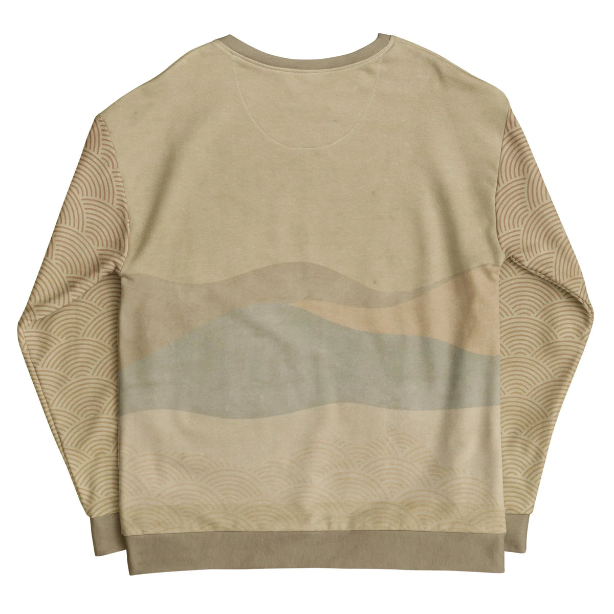Street Catfish Sweatshirt - The surreal anthropomorphic catfish musicians rendered in rusted brick crimson (#8E4945) and indigo slate (#4A7385) set against the traditional toasted sesame (#A89070) wave patterns on an antique parchment beige (#D2C6A8) base.
