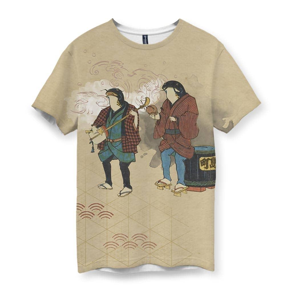 Japanese ukiyo-e style illustration depicts two anthropomorphic catfish in Edo-period clothing against an antique parchment beige background. Contact us with accessibility feedback, we'd love to help!