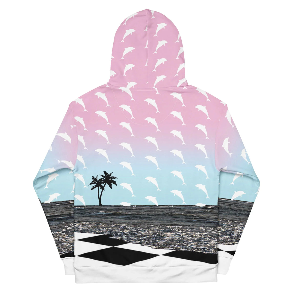 Summerwave Hoodie - The abrupt juxtaposition of the soft, pastel pink (#F7CADD) and blue (#B9E2F5) gradient sky against the hard, geometric black (#000000) and white (#FFFFFF) checkerboard floor.
