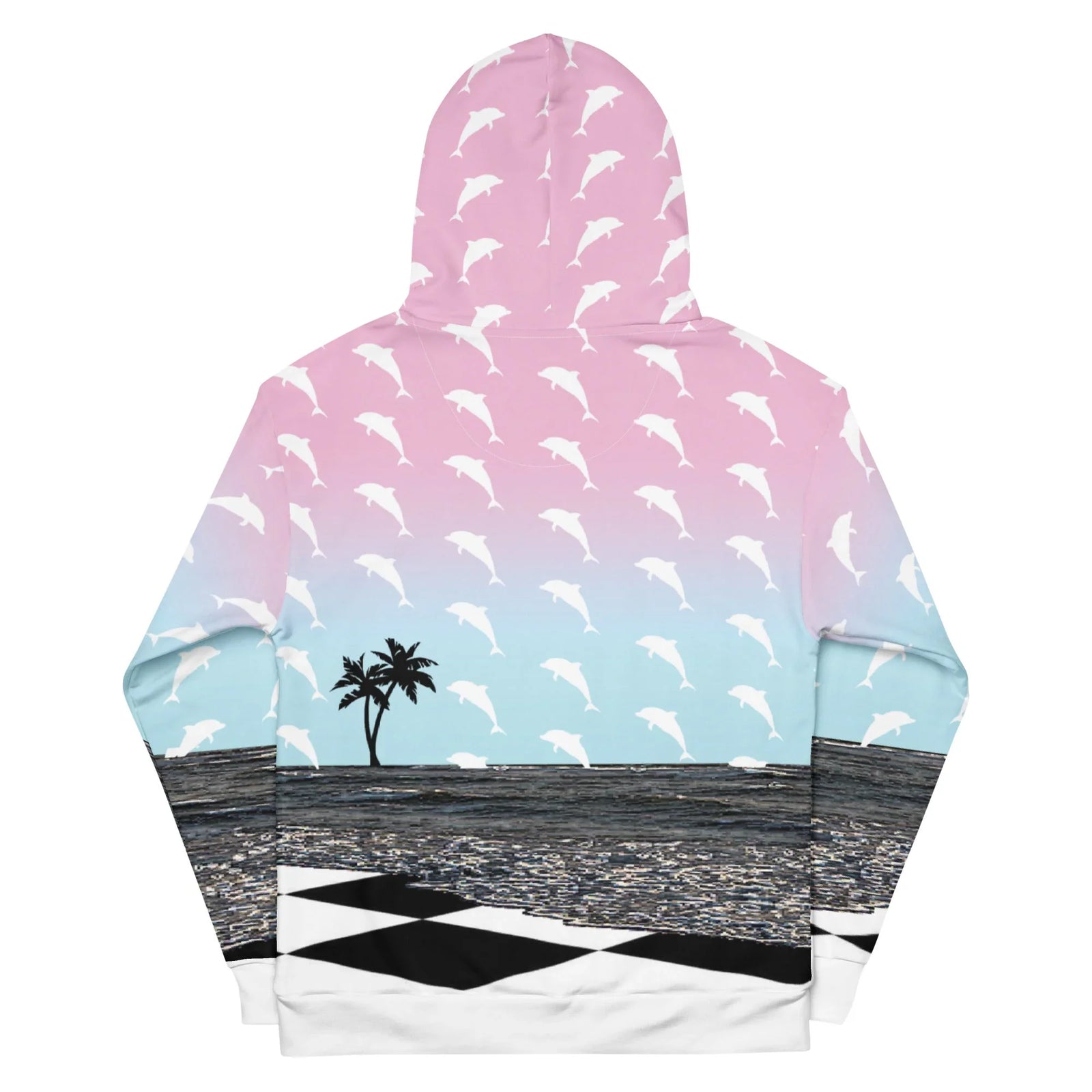 Summerwave Hoodie - The abrupt juxtaposition of the soft, pastel pink (#F7CADD) and blue (#B9E2F5) gradient sky against the hard, geometric black (#000000) and white (#FFFFFF) checkerboard floor.