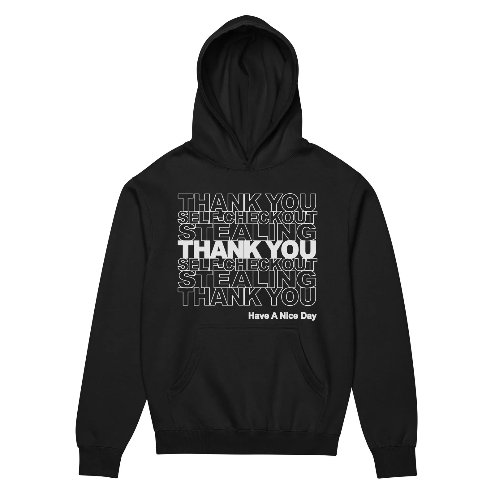 Thank You Stealing Hoodie - The unmistakable hollow-outlined "THANK YOU" text stack mimicking generic polyethylene convenience store bags, rendered in stark porcelain white (#FFFFFF) against dark olive loam (#4A4637).