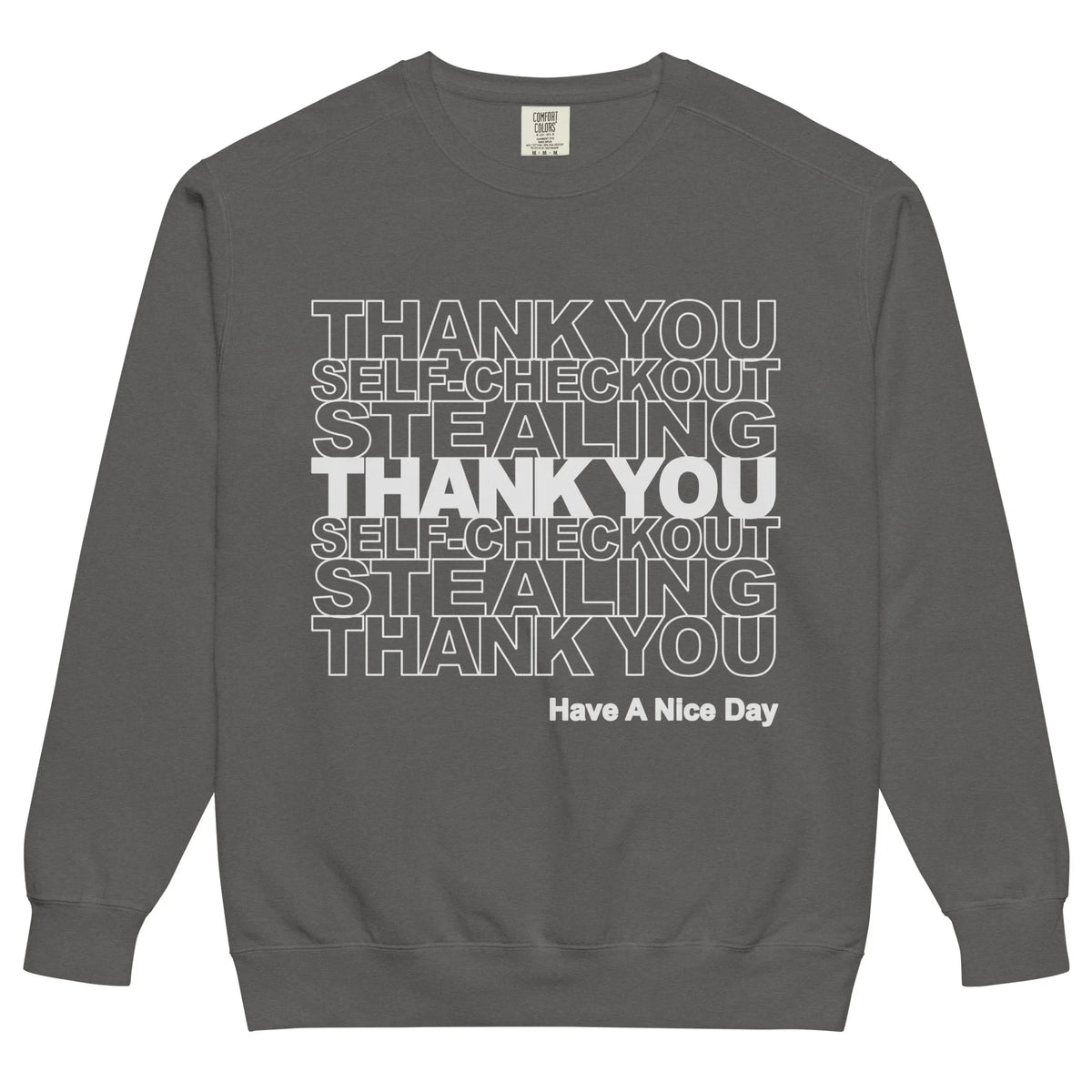 Thank You Stealing Sweatshirt - The ubiquitous repetition of the "Thank You" convenience store bag layout, subverted by the stark white (#FFFFFF) hollow-font text "STEALING" replacing standard commercial gratitude against the warm terracotta (#C0615F) background