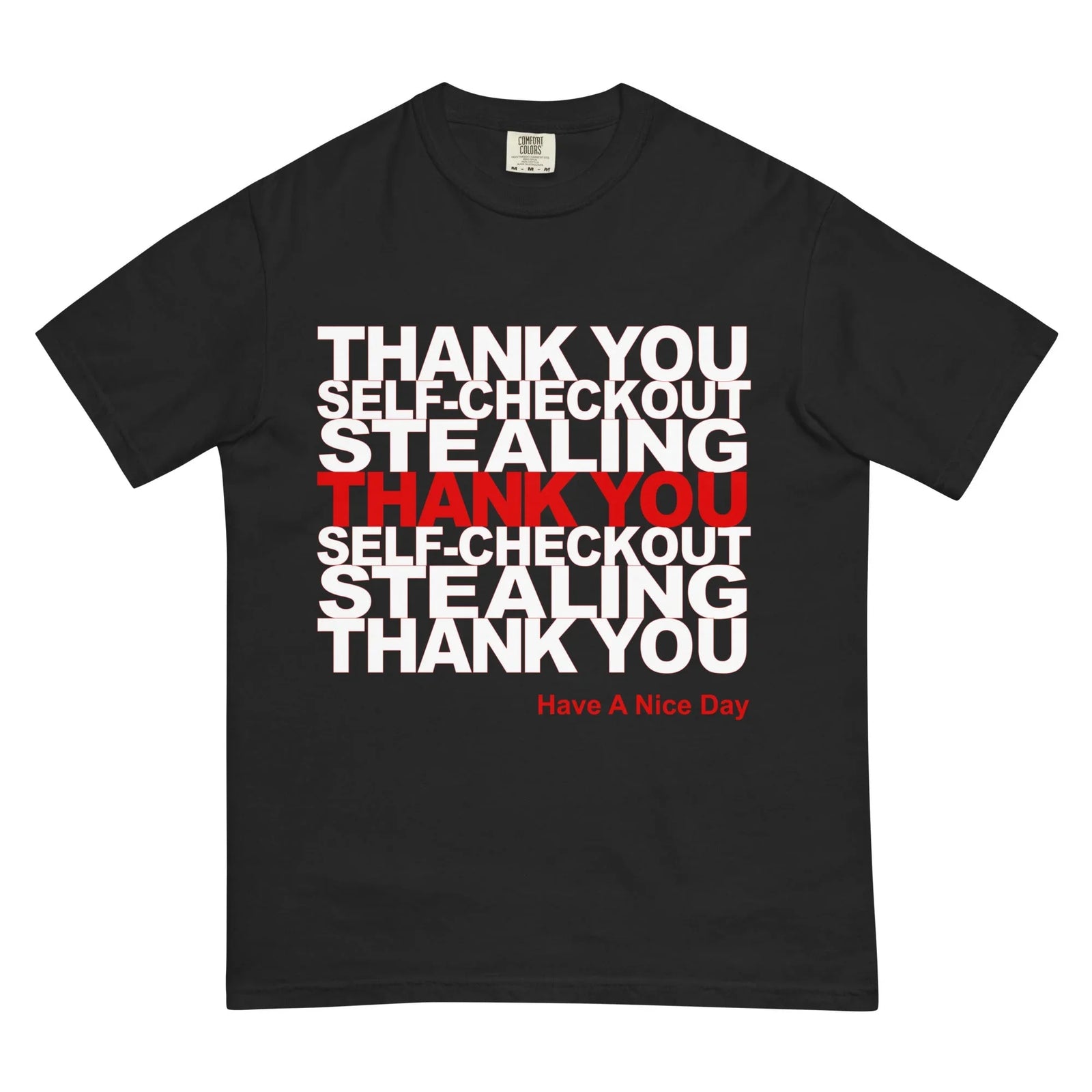 Thank You Stealing T-Shirt - The iconic repeated block text layout in commercial red (#D21F3C) on a stark white base (#FFFFFF), mimicking the ubiquitous disposable polyethylene shopping sack, subverted by the "STEALING" text insertion for satirical emphasis.