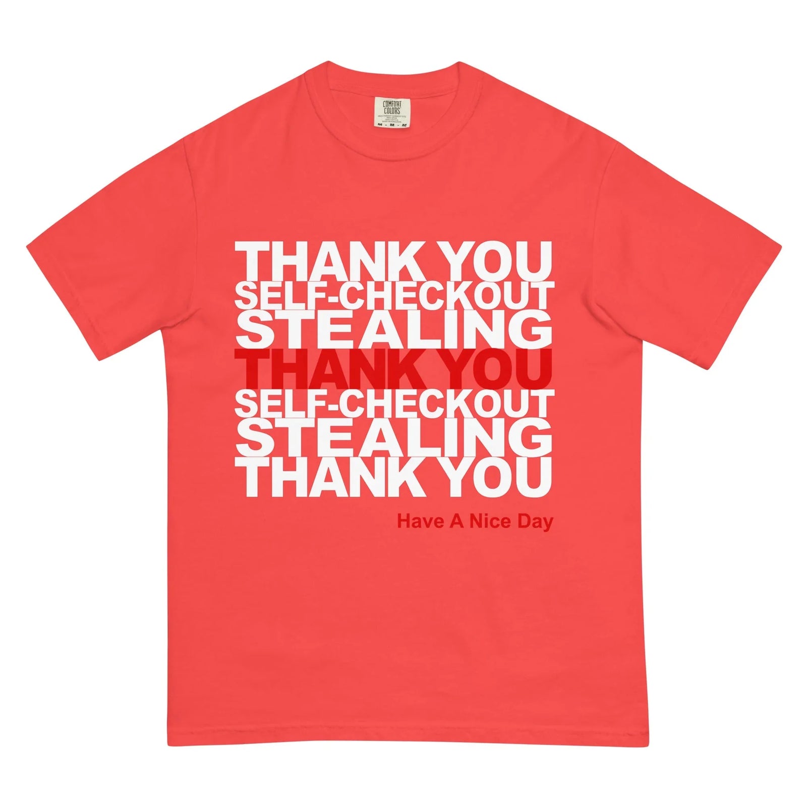 Thank You Stealing T-Shirt in Commercial Crimson on White. OEKO-TEX® 100, WRAP Certified, US Cotton Trust Protocol.