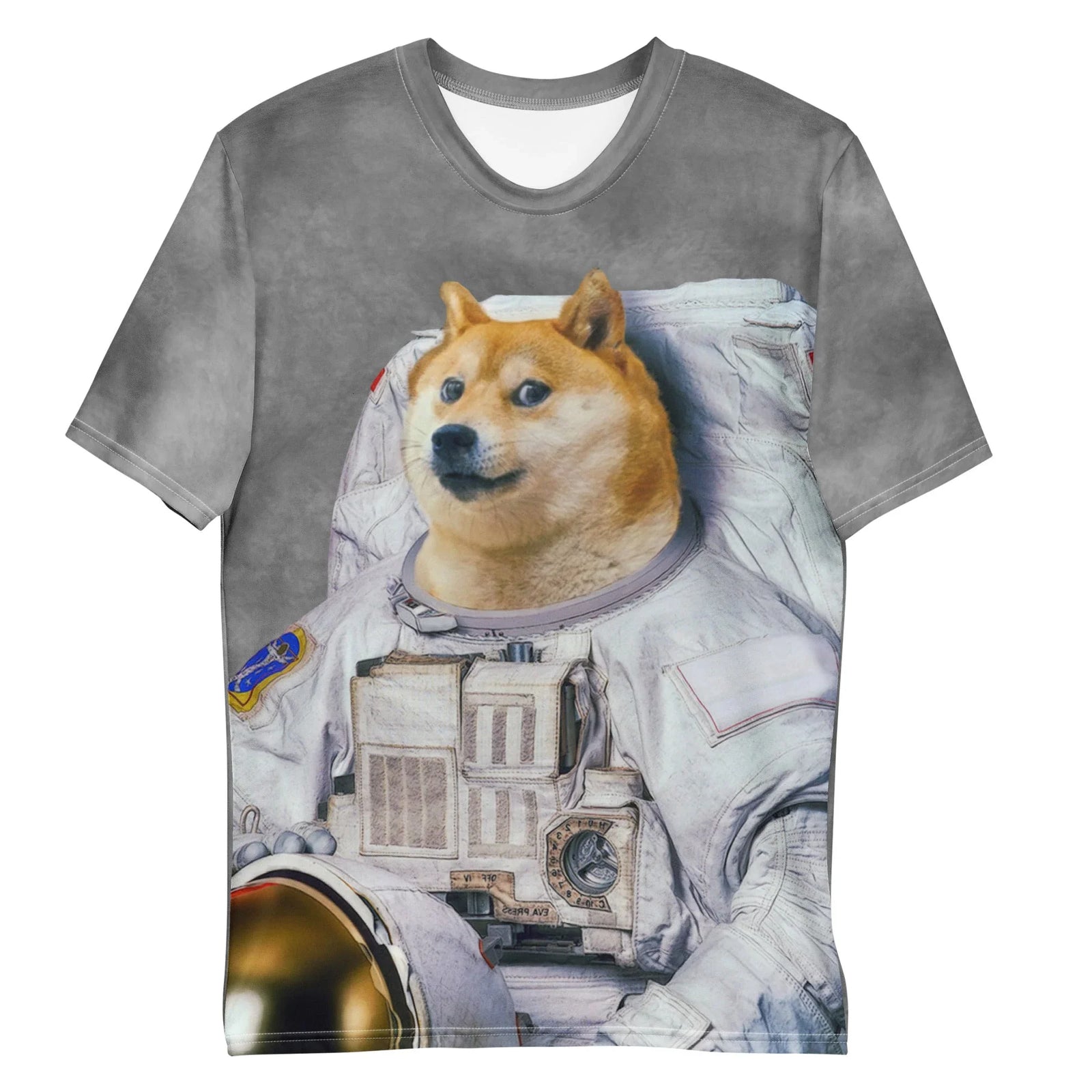 A photorealistic Shiba Inu with golden wheat fur (and that signature side-eyed expression) sits atop a bulky oyster white space suit against a mottled slate grey background. Contact us with accessibility feedback, we'd love to help!