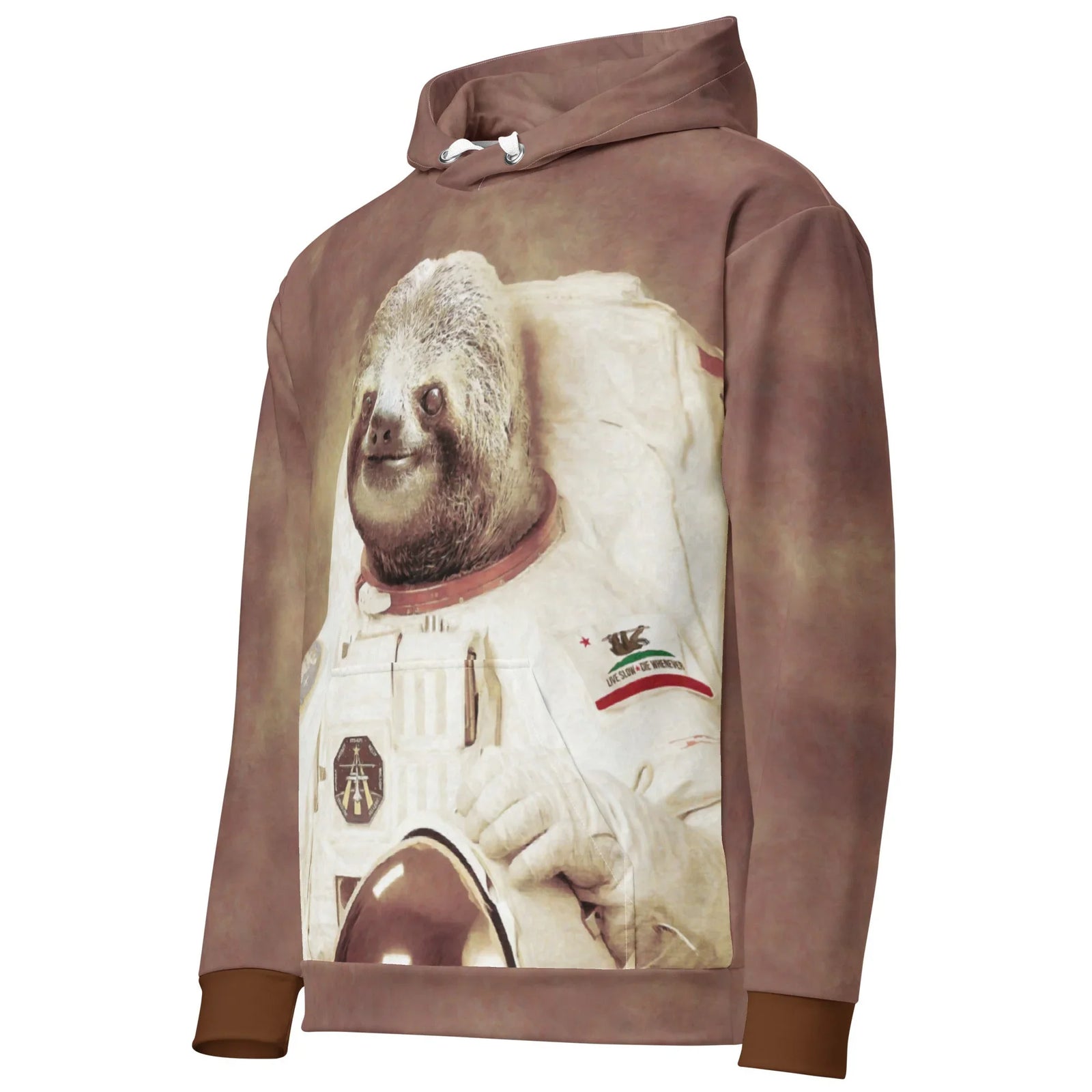 The Astrosloth Hoodie in Vintage Sepia Nebula. OEKO-TEX® 100, REACH Compliant, GRS Certified.