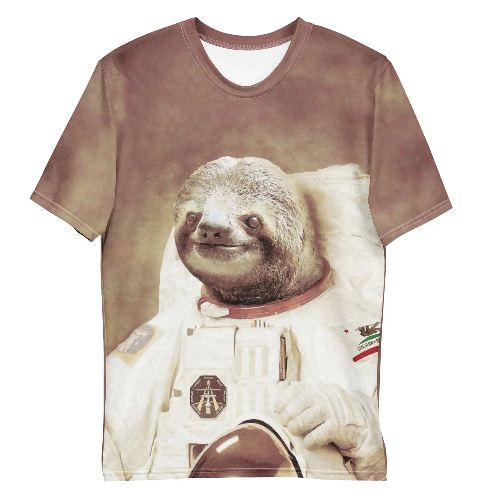 This surreal, painterly portrait showcases a relaxed sloth peering from the bulky collar of an alabaster EVA suit (ready for galactic naps). Contact us with accessibility feedback, we'd love to help!