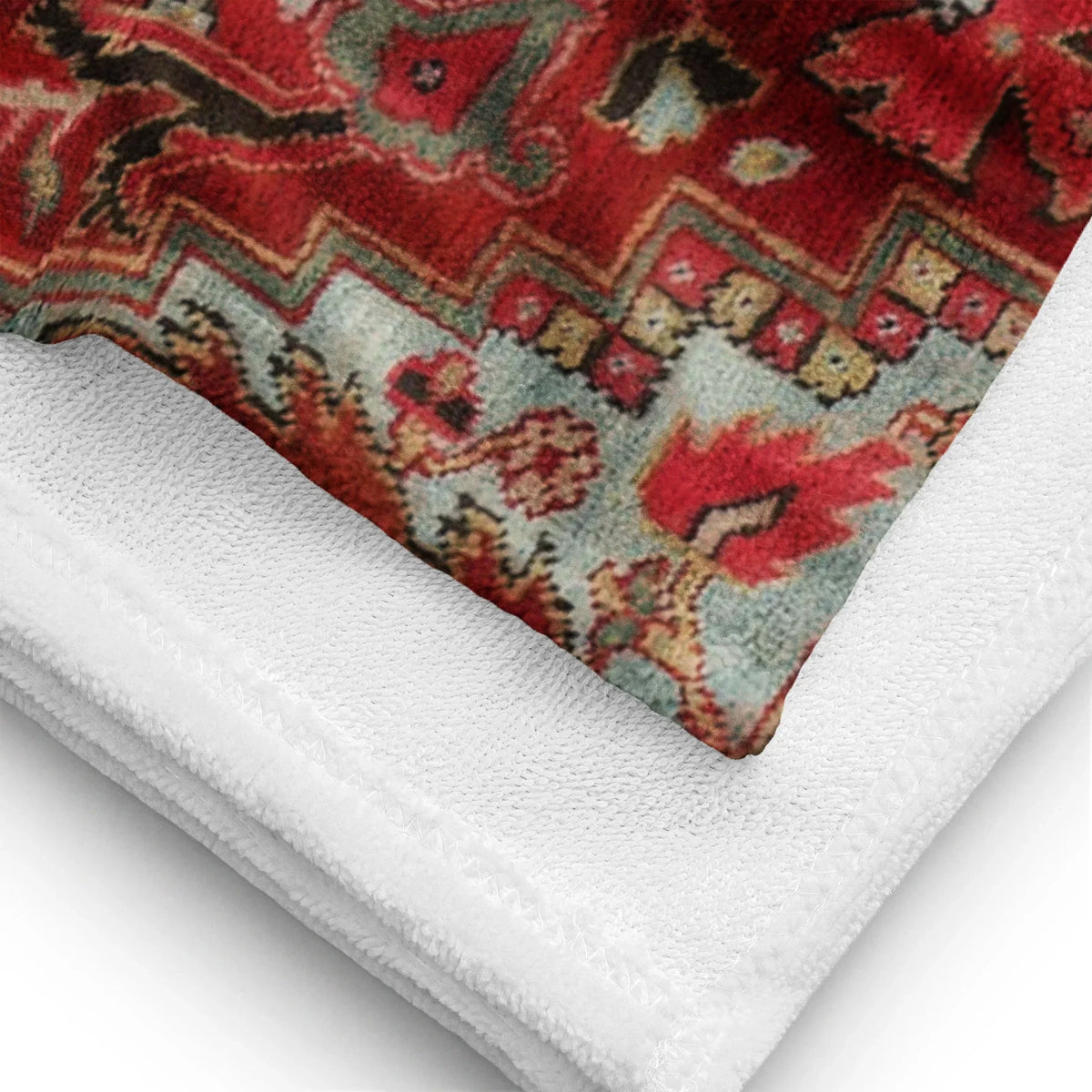The Dudes Rug Beach Towel - The high-contrast interplay between the Persian red (#9A2A2F) base and the intricate navy (#2A3042) medallion, mirroring the exact screen-accurate textile that sparked a nihilistic LA odyssey.