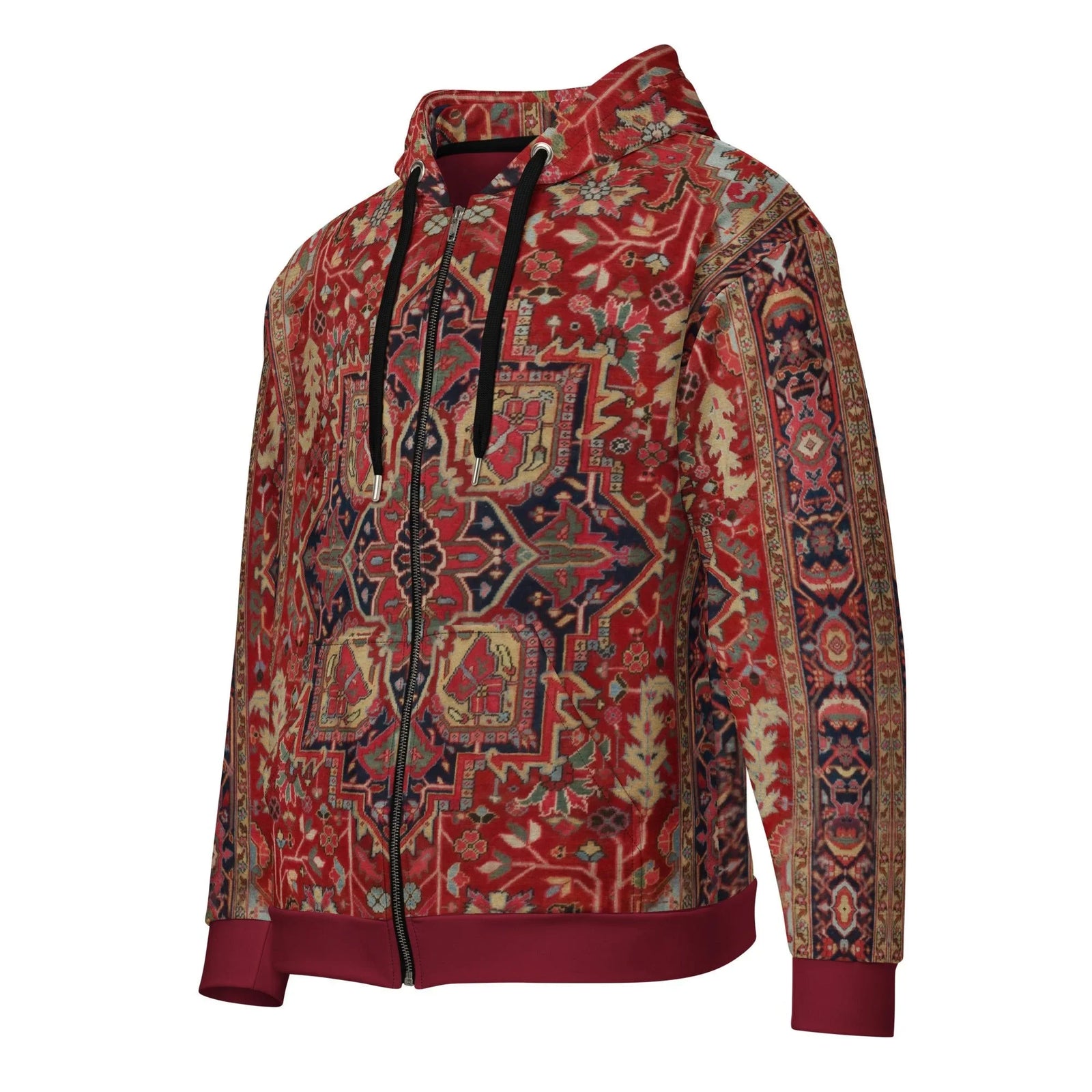 The Dudes Rug Zip Hoodie - The specific weathered ruby red (#9A2A2F) base combined with the complex central medallion in deep midnight navy (#1F2A38) and antique sandstone (#D4C8A0), immediately identified by fans as the item that "really tied the room together."