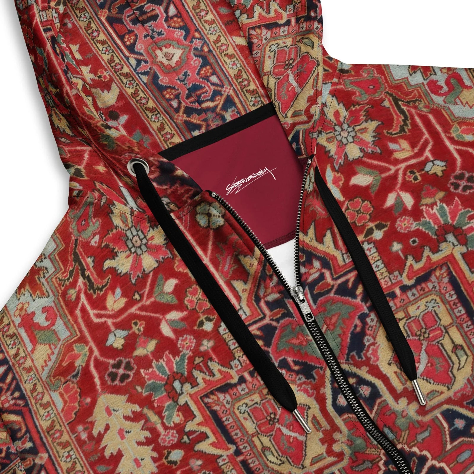 The Dudes Rug Zip Hoodie in Persian Ruby Tapestry. OEKO-TEX® 100, REACH Compliant, GRS Certified.