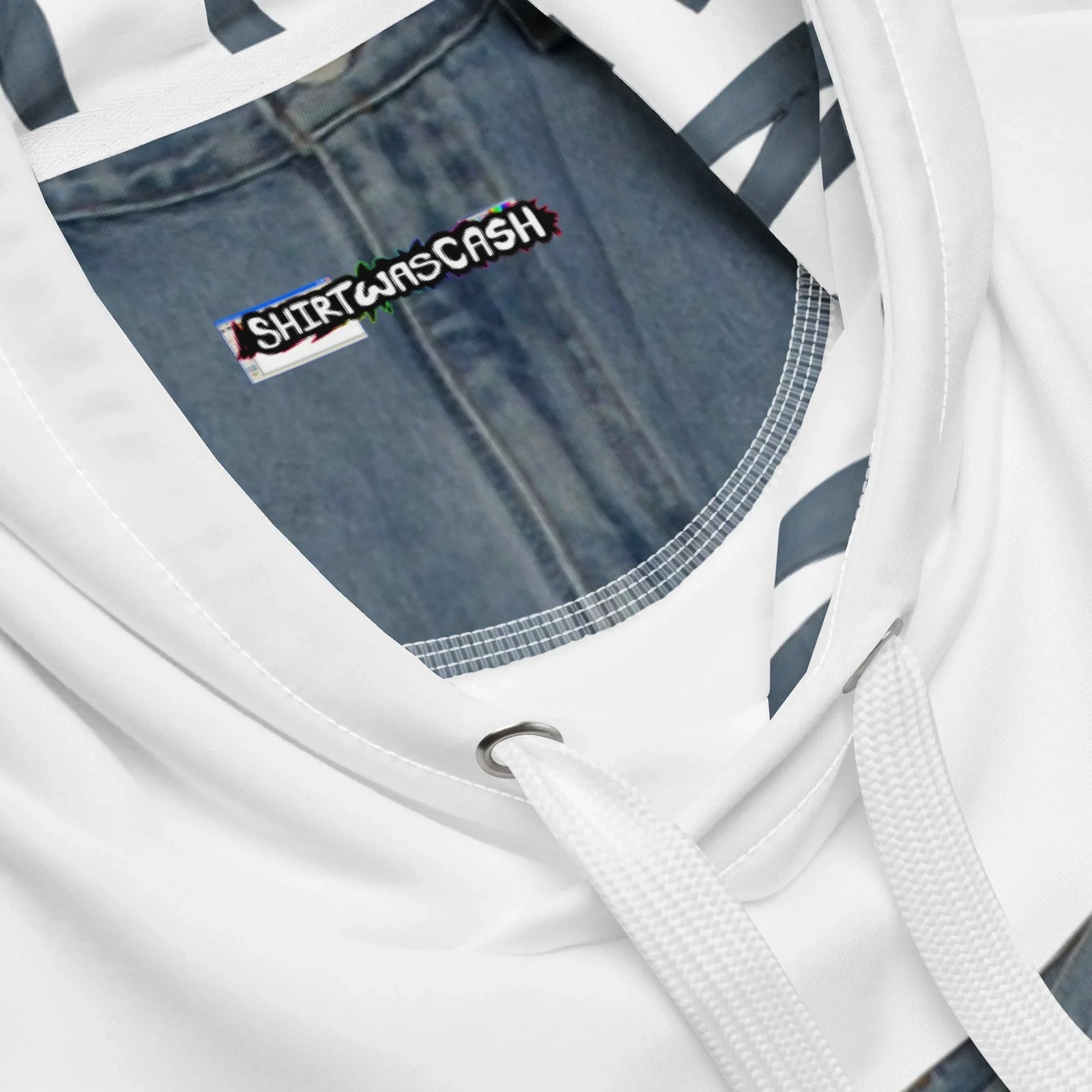 The Legendary Pants Hoodie - The jarring juxtaposition of the Stonewash Blue (#5B7C99) denim photorealism against the sterile Porcelain White (#FFFFFF) cotton, specifically the displacement of a lower-body garment onto the upper torso.