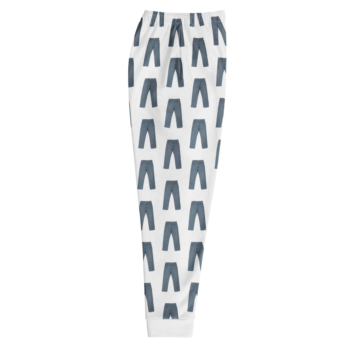 The Legendary Pants Joggers - The distinctive scattering of weathered slate blue (#5D6E80) and indigo-shadowed (#384452) denim trouser icons floating rhythmically in a "void" of stark white (#FFFFFF) background
