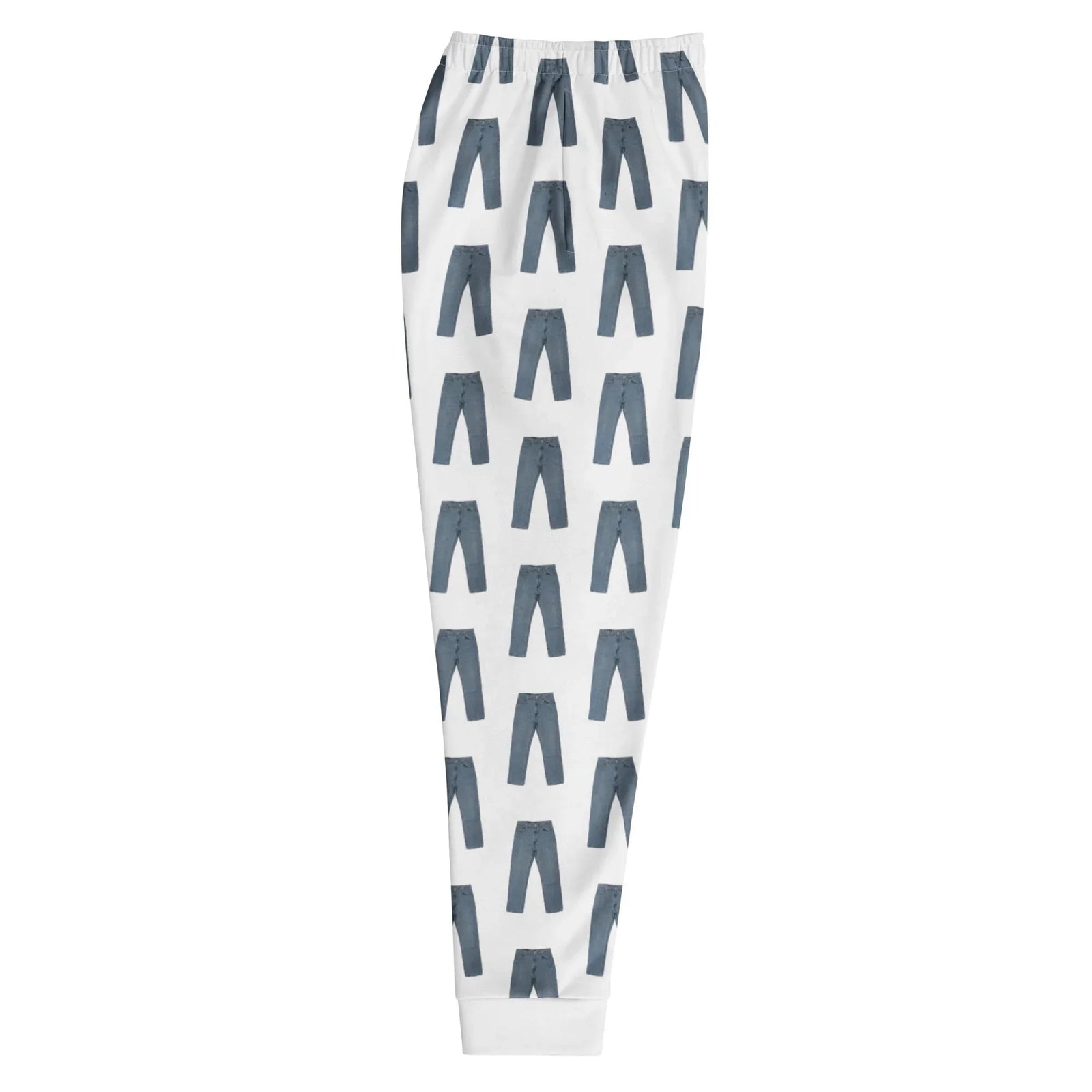 The Legendary Pants Joggers - The distinctive scattering of weathered slate blue (#5D6E80) and indigo-shadowed (#384452) denim trouser icons floating rhythmically in a "void" of stark white (#FFFFFF) background