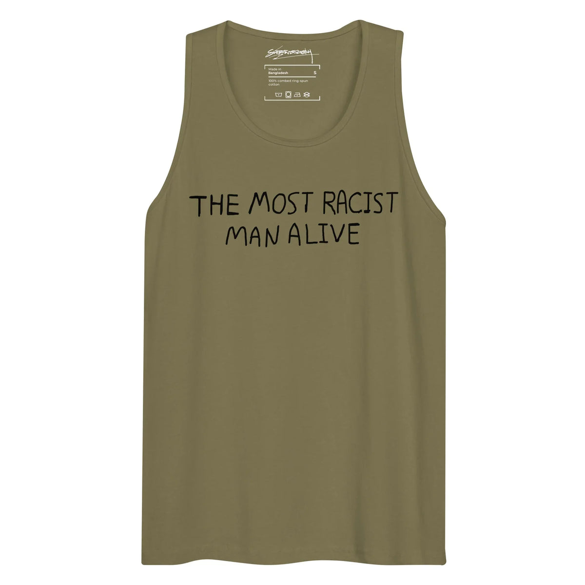 The Most Racist Man Alive Men's Tank in Stark Optical Monochrome. WRAP Certified, Eco-Certified Inks, Made-to-Order (Zero Overproduction).
