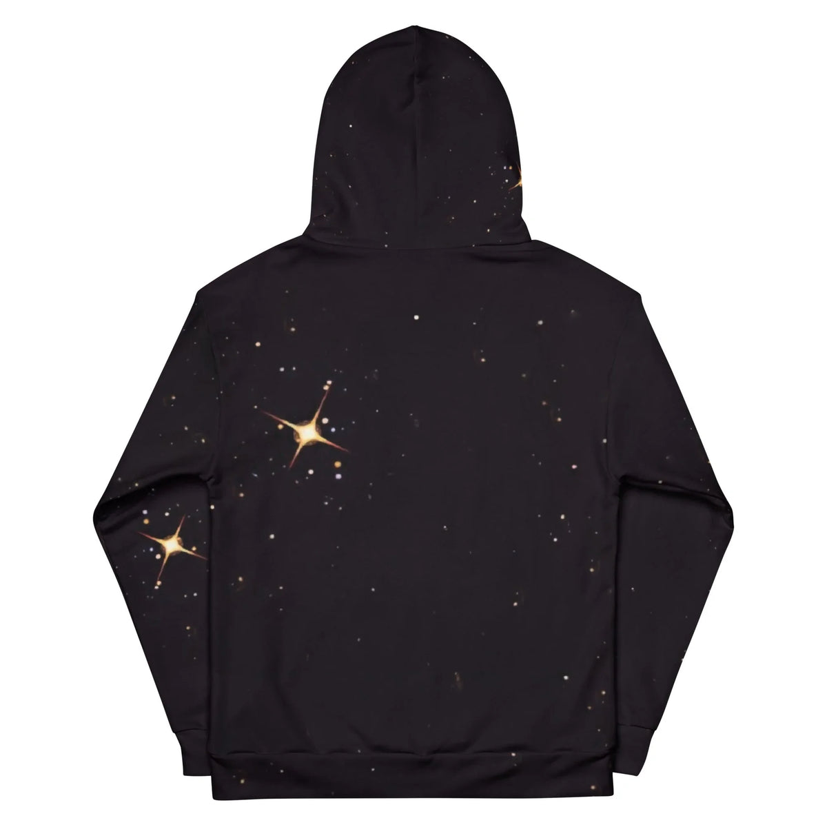 The Polar Sunset Hoodie - The distinct "spirit guide" fade effect where the realistic white fur dissolves into a blinding solar gold (#FFCC00) sunset and amethyst (#9966CC) glacial waves, set against a deep void black (#050505) backdrop with cosmic stars and lens flares.
