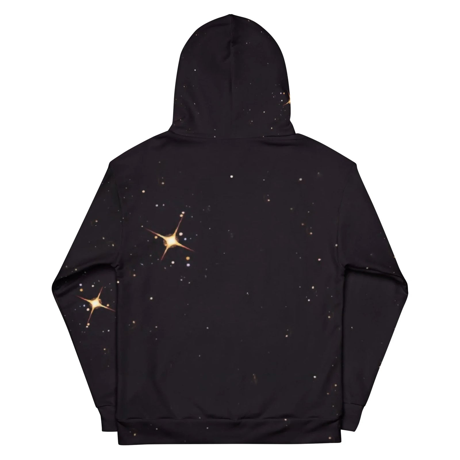 The Polar Sunset Hoodie - The distinct "spirit guide" fade effect where the realistic white fur dissolves into a blinding solar gold (#FFCC00) sunset and amethyst (#9966CC) glacial waves, set against a deep void black (#050505) backdrop with cosmic stars and lens flares.