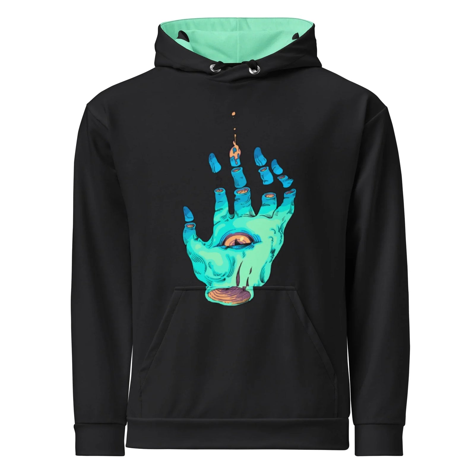 A deep void black base contrasts sharply with a bold ectoplasmic mint hood lining. Contact us with accessibility feedback, we'd love to help!