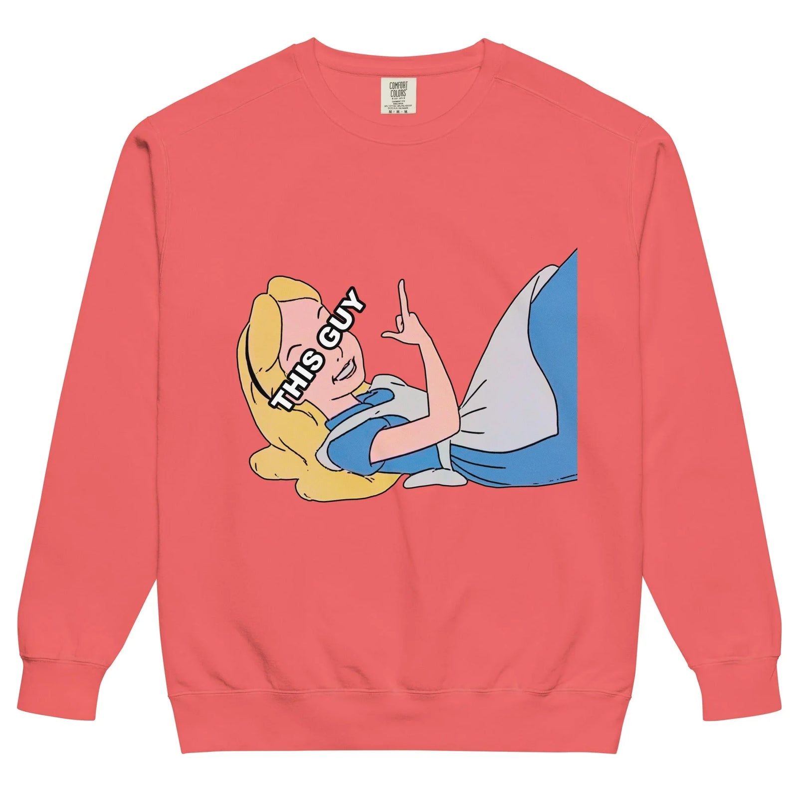 This Guy Sweatshirt - The juxtaposition of the classic storybook heroine, identifiable by her golden blonde waves (#F2C94C Dandelion Petal) and blue dress (#6A9BD1 Wonderland Azure), delivering a rebellious middle-finger gesture.