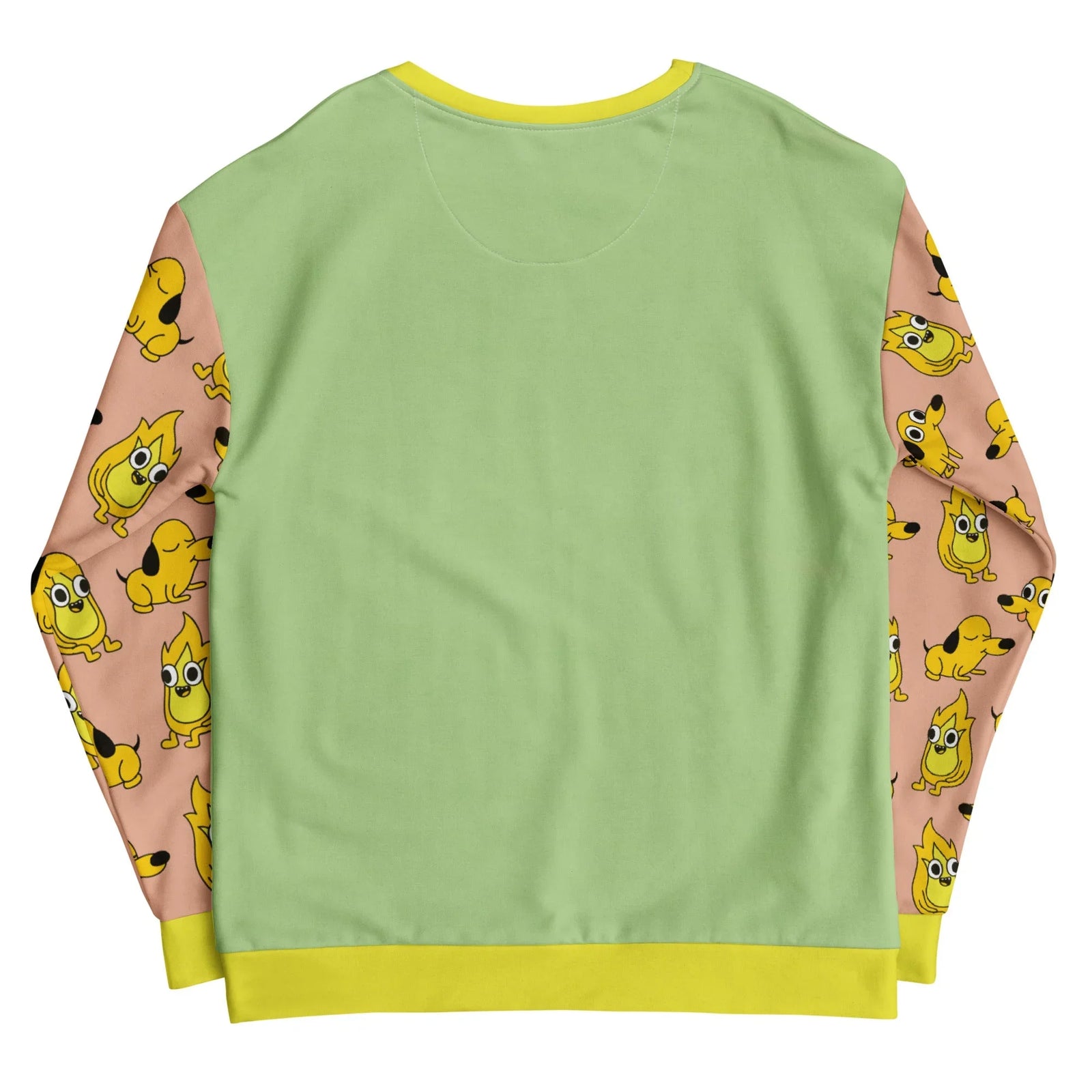 This is Fine Sweatshirt - The inverted scenario featuring the living flame character speaking the iconic text, surrounded by the recognizable wide-eyed, oblivious yellow canine swarm set against **Safety Yellow (#ECE64A)** trim, with **soft pistachio green (#A3CFA1)** upper color-blocking and **dusty salmon pink (#DDA896)** lower base.