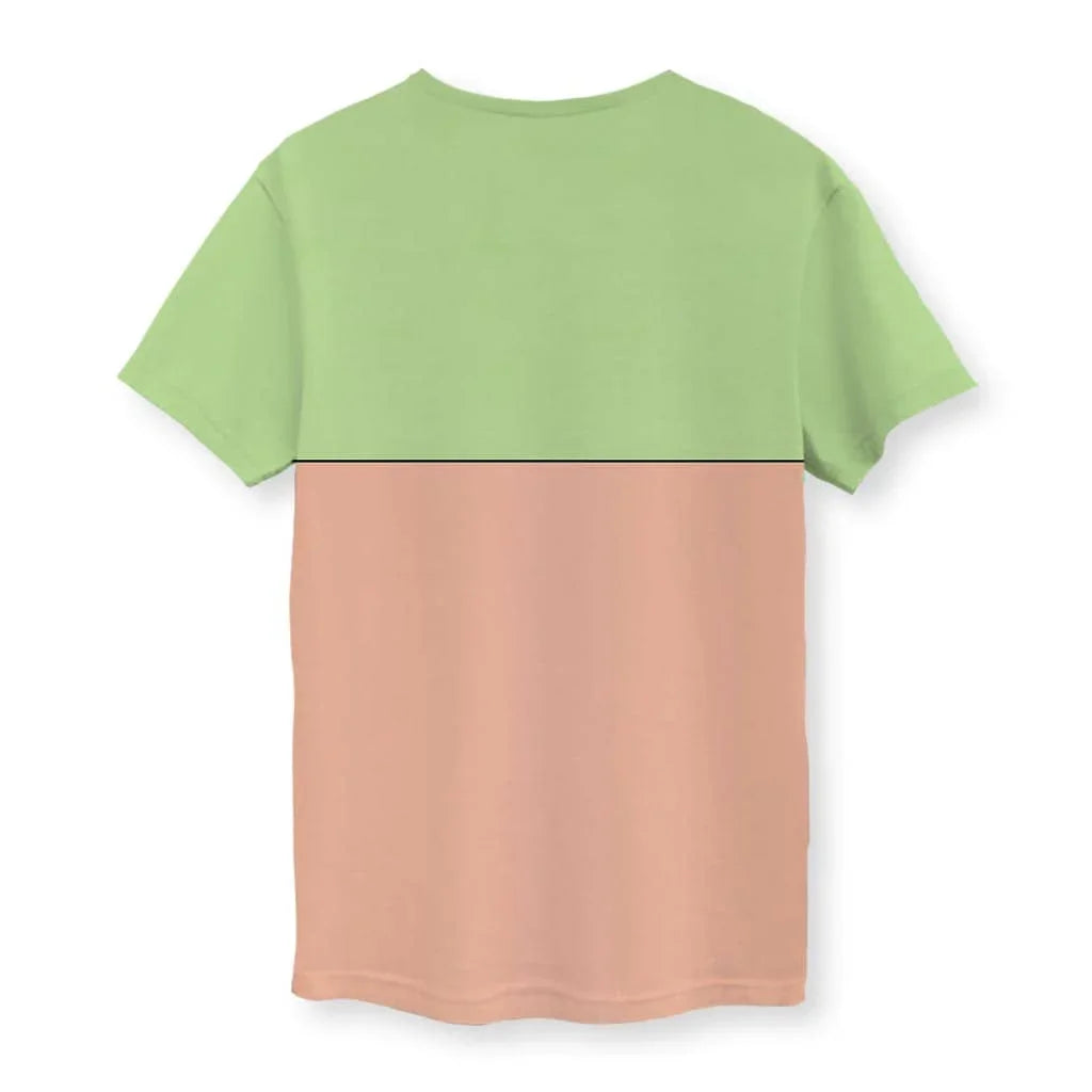 This is Fine T-Shirt - The iconic split-tone room layout with pistachio green (#A9D483) walls and dusty peach clay (#E3B39B) floor, featuring mustard gold (#FDC838) cartoon dogs and the inverted "THIS IS FINE" speech bubble from the anthropomorphic flame.