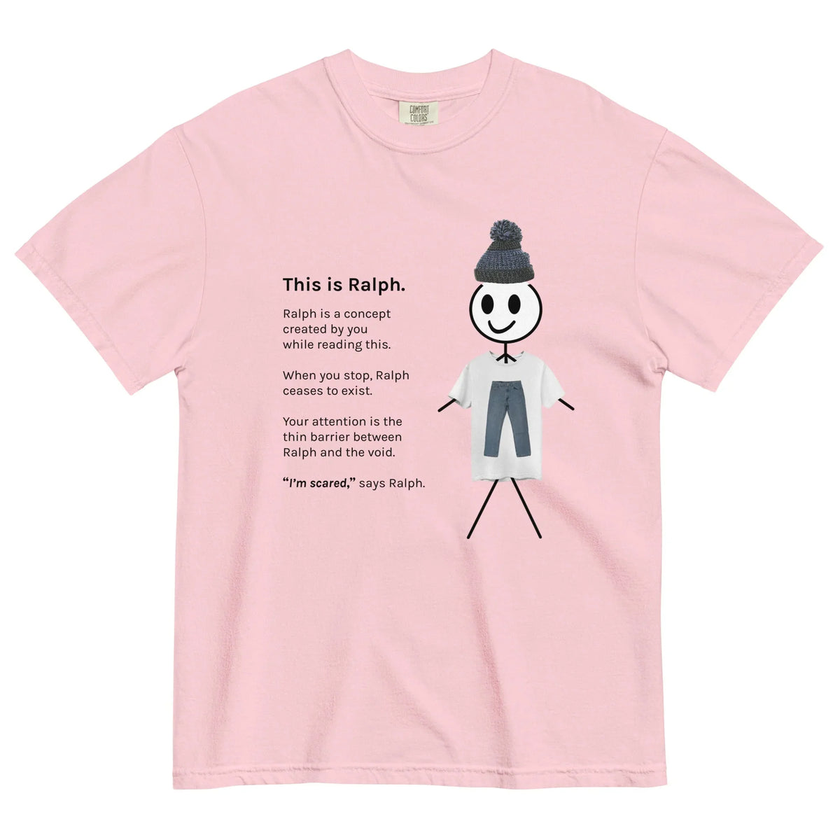 This is Ralph T-Shirt - The jarring juxtaposition of a crude, hand-drawn stick figure wearing high-fidelity photographic stone wash denim (#5D8AA8) and a realistic cable-knit beanie (#708090 slate grey and #4682B4 steel blue accents).