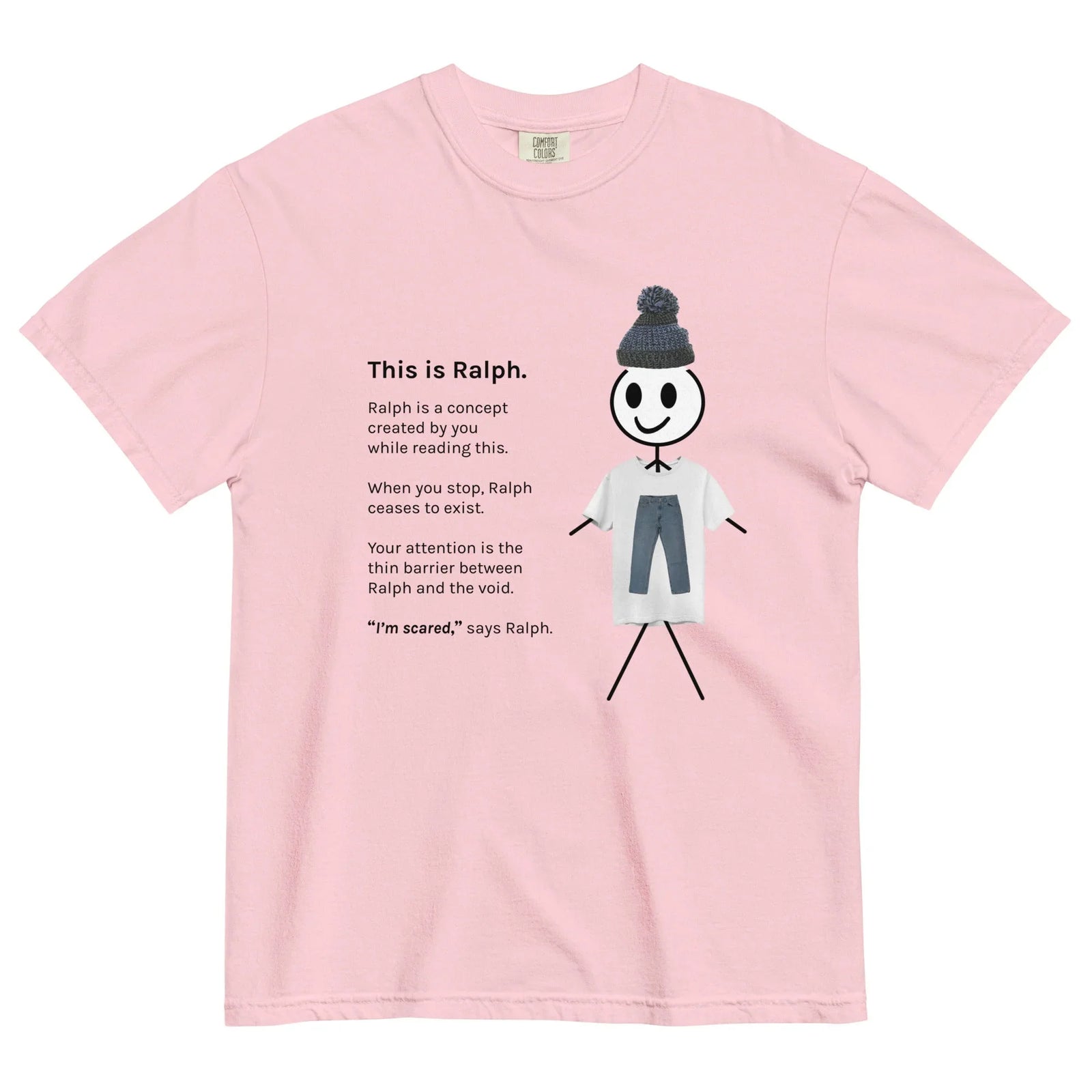 This is Ralph T-Shirt - The jarring juxtaposition of a crude, hand-drawn stick figure wearing high-fidelity photographic stone wash denim (#5D8AA8) and a realistic cable-knit beanie (#708090 slate grey and #4682B4 steel blue accents).