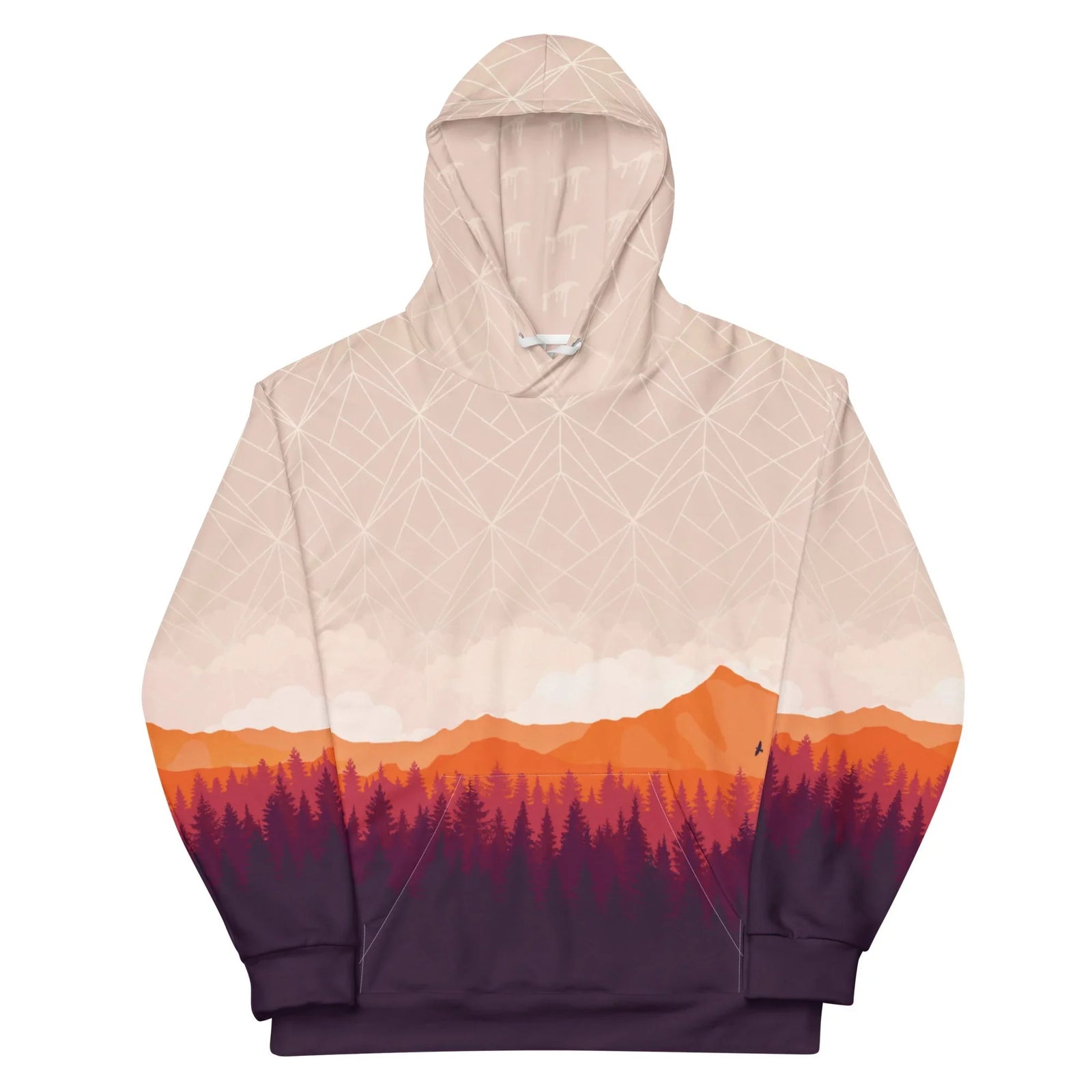 Unfinished Game Hoodie - The specific transition from an untextured "blush base" (#FFE4E1) wireframe grid into fully rendered "sunset orange" (#FF5500) flat-shaded polygons.