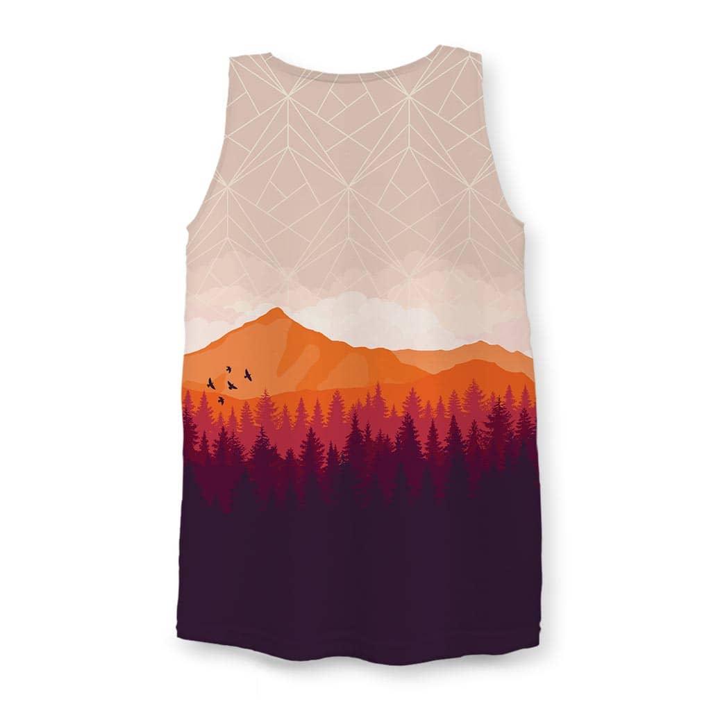 Unfinished Game Men's Tank - The jarring visual transition from fully rendered persimmon ridges (#E37E46) into an unfinished white polygonal mesh sky on pale misty peach (#EAC5B5).