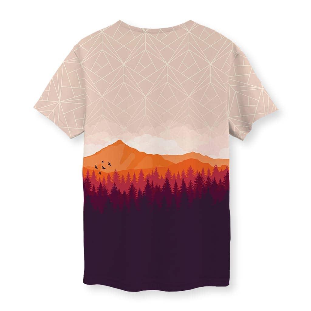 Unfinished Game T-Shirt - The distinct upper-bodice transition where a white triangular wireframe grid on a dusty blush base (#EBC4B7) resolves into a solidified vibrant amber (#E6832F) mountain peak, mimicking a real-time texture loading process
