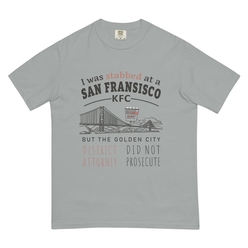 White unisex t-shirt with San Francisco KFC and Golden Gate Bridge graphic and satirical text