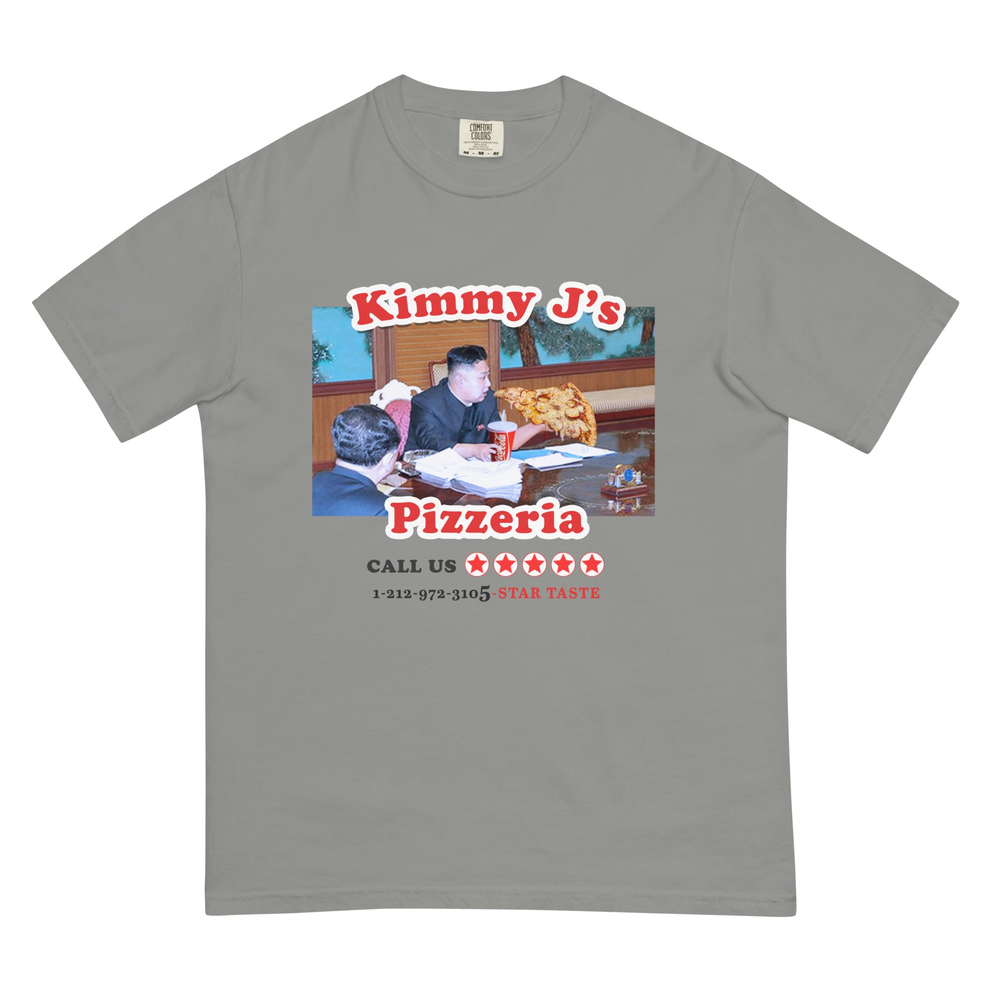 Grey heavyweight unisex t-shirt with 'Kimmy J’s Pizzeria' graphic and phone number on front.