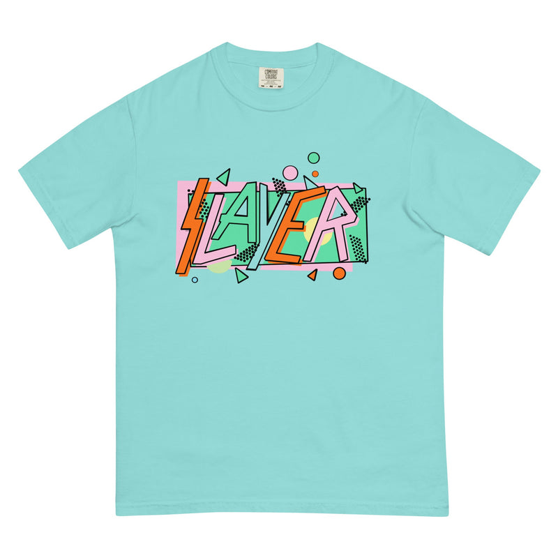 Lagoon blue unisex T-shirt with bold, colorful 'SLAYER' graphic on the front
