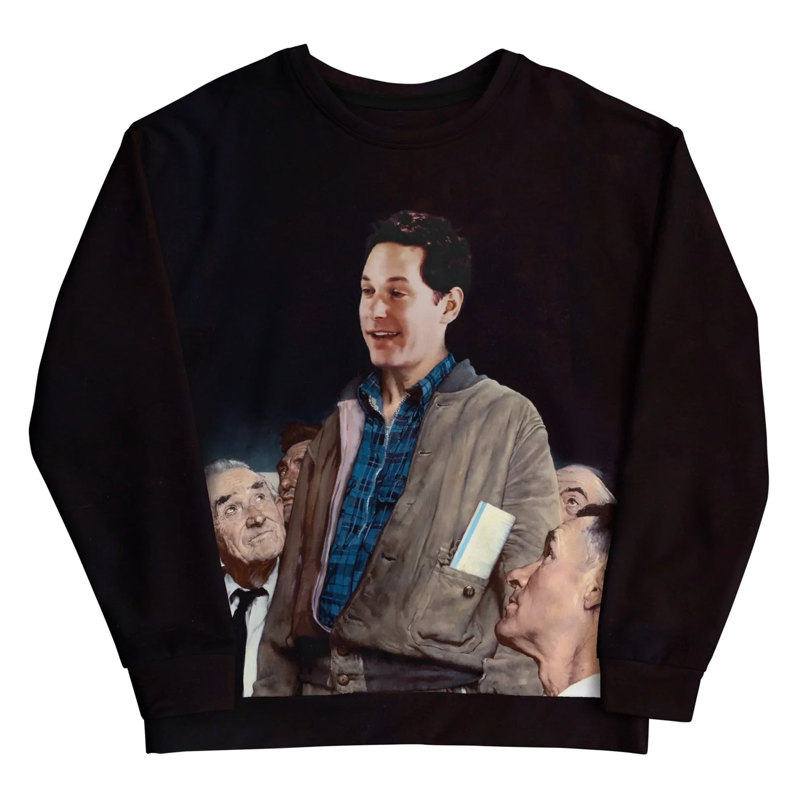 Set on deep pitch black, this surreal design hijacks a classic mid-century American oil painting of a solemn town hall meeting. Contact us with accessibility feedback, we'd love to help!