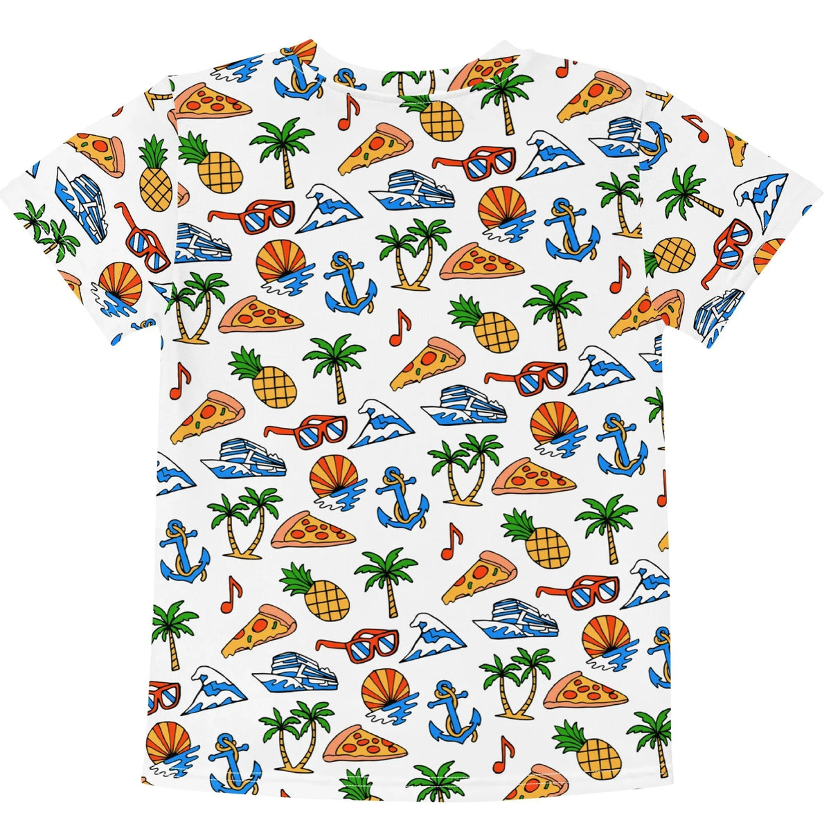 Vacation Ready Kid's Tee - The jarring juxtaposition of "cartoonish pepperoni pizza" slices (evoking "sunset tangerine (#FF8C00)" cheese drips and red pepperoni) floating directly beside heavy "royal azure anchors (#0055A4)," creating a distinct clash between snack culture and maritime tradition.