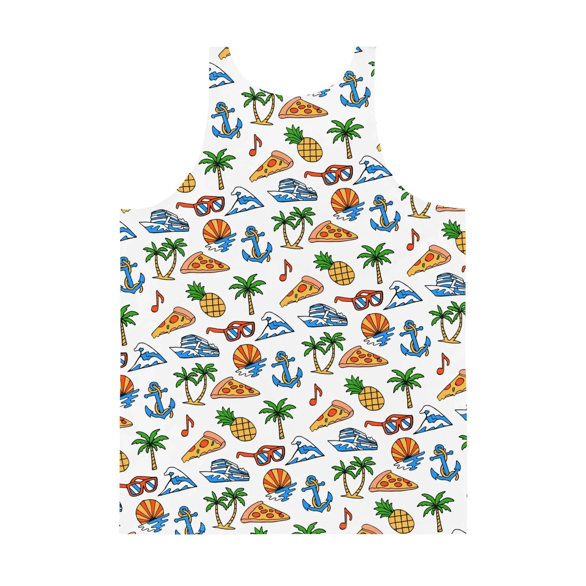 Vacation Ready Men's Tank - The jarring juxtaposition of triangular pepperoni pizza slices next to heavy royal blue anchors (#4169E1) and golden pineapples (#FFD700).