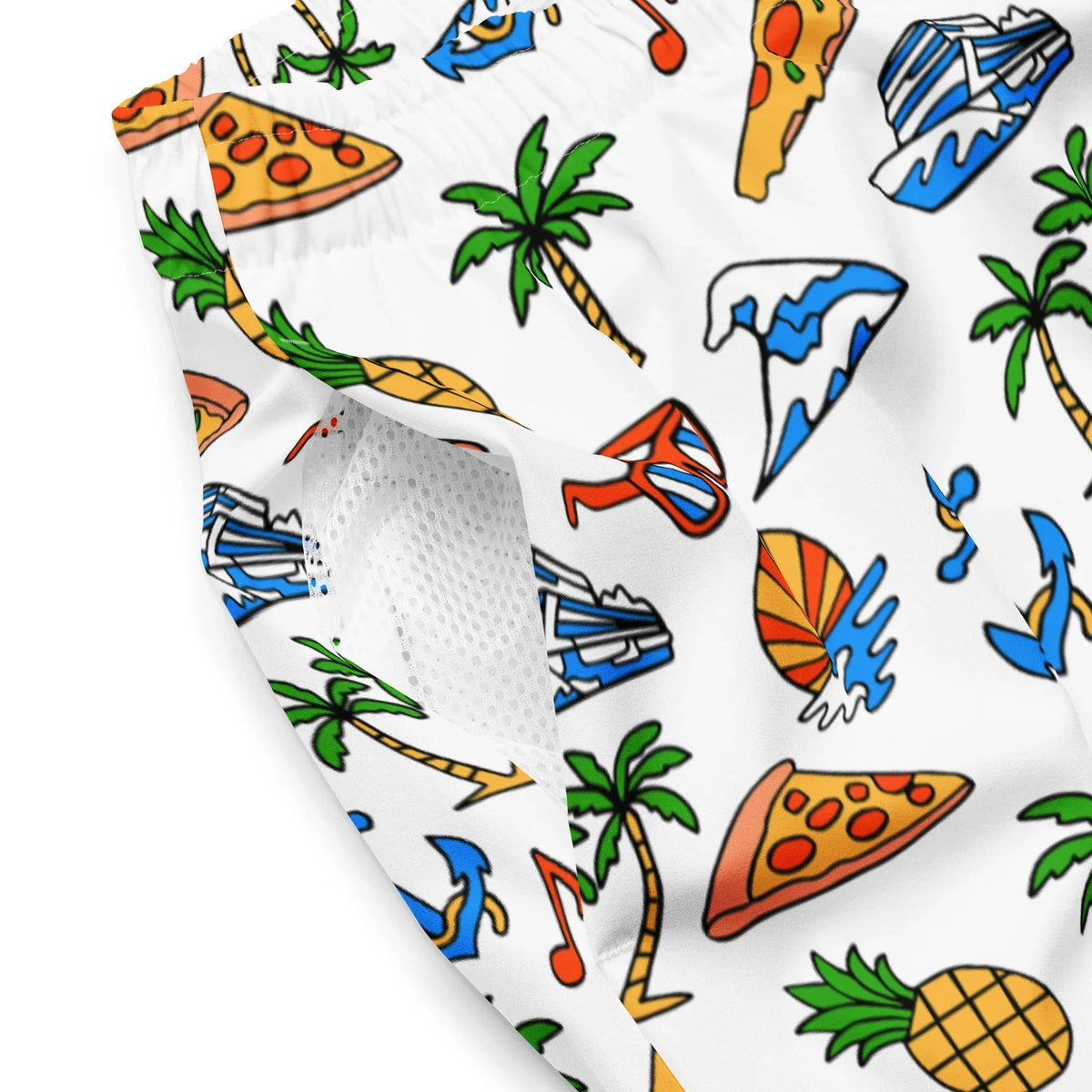 Vacation Ready Swim Shorts - The jarring inclusion of greasy pepperoni pizza slices (#FFA500) floating alongside traditional nautical anchors and emerald green palm trees (#50C878).
