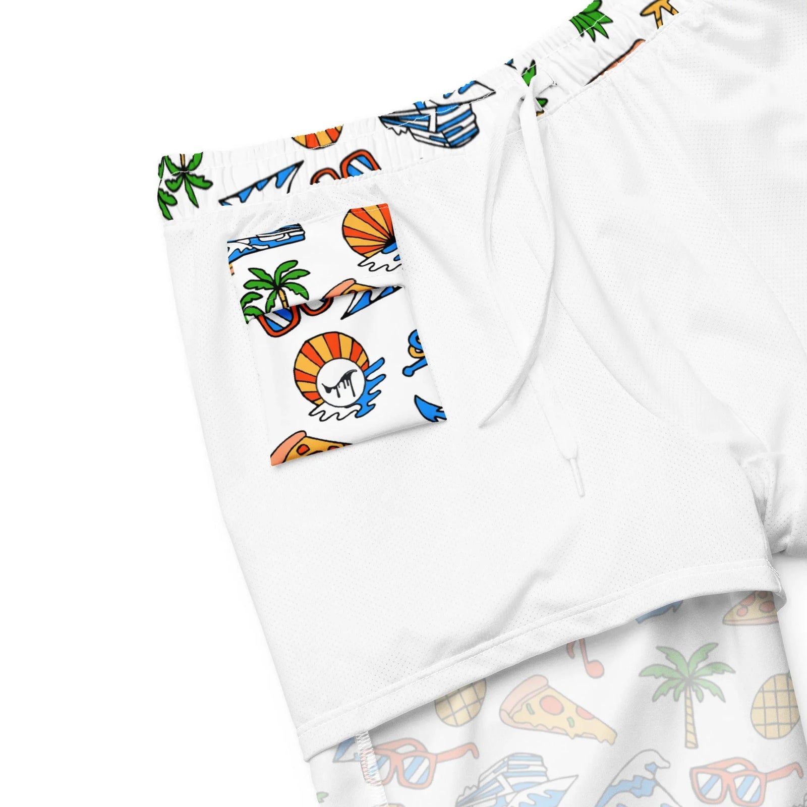 Vacation Ready Swim Shorts in Tropical Pop White. OEKO-TEX® 100, REACH Compliant, Zero-Wastewater Printing.