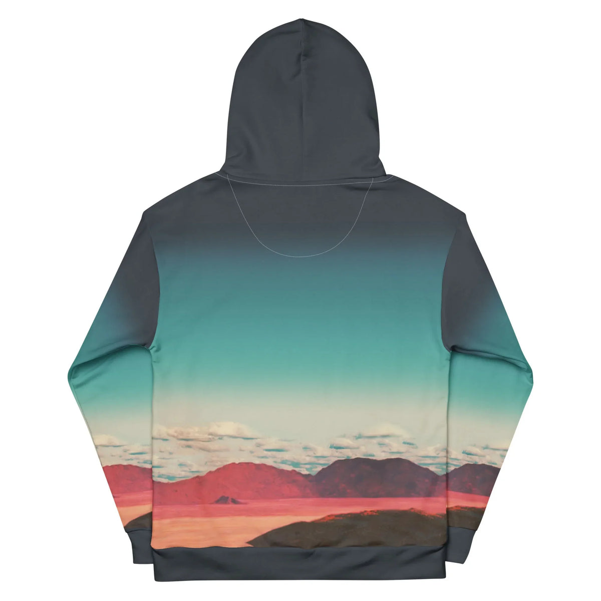 Vaporwave Goddess Hoodie - The severed, floating Greco-Roman marble bust juxtaposed against the atmospheric teal sky (#5F8A8B) and salmon pink desert (#D66863), a foundational trope of vaporwave aesthetics evoking digital decay and retro-futuristic alienation.