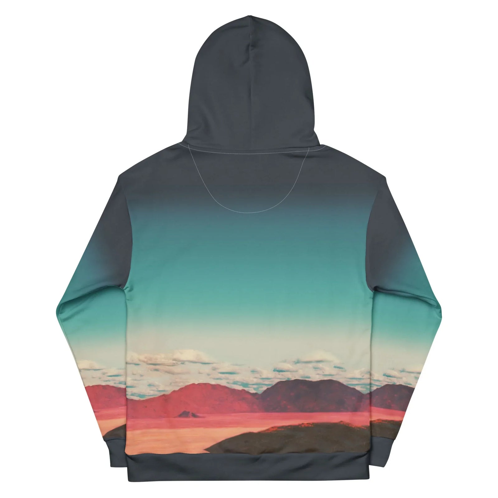 Vaporwave Goddess Hoodie - The severed, floating Greco-Roman marble bust juxtaposed against the atmospheric teal sky (#5F8A8B) and salmon pink desert (#D66863), a foundational trope of vaporwave aesthetics evoking digital decay and retro-futuristic alienation.