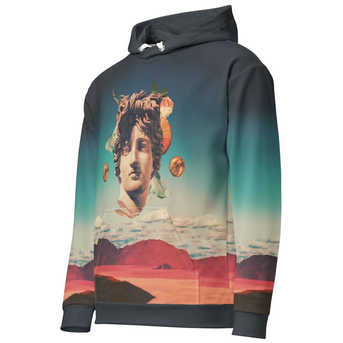 Vaporwave Goddess Hoodie in Surreal Twilight Marble. OEKO-TEX® 100, REACH Compliant, GRS Certified.