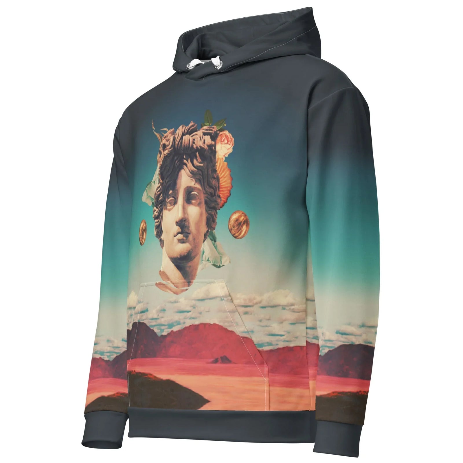 Vaporwave Goddess Hoodie in Surreal Twilight Marble. OEKO-TEX® 100, REACH Compliant, GRS Certified.
