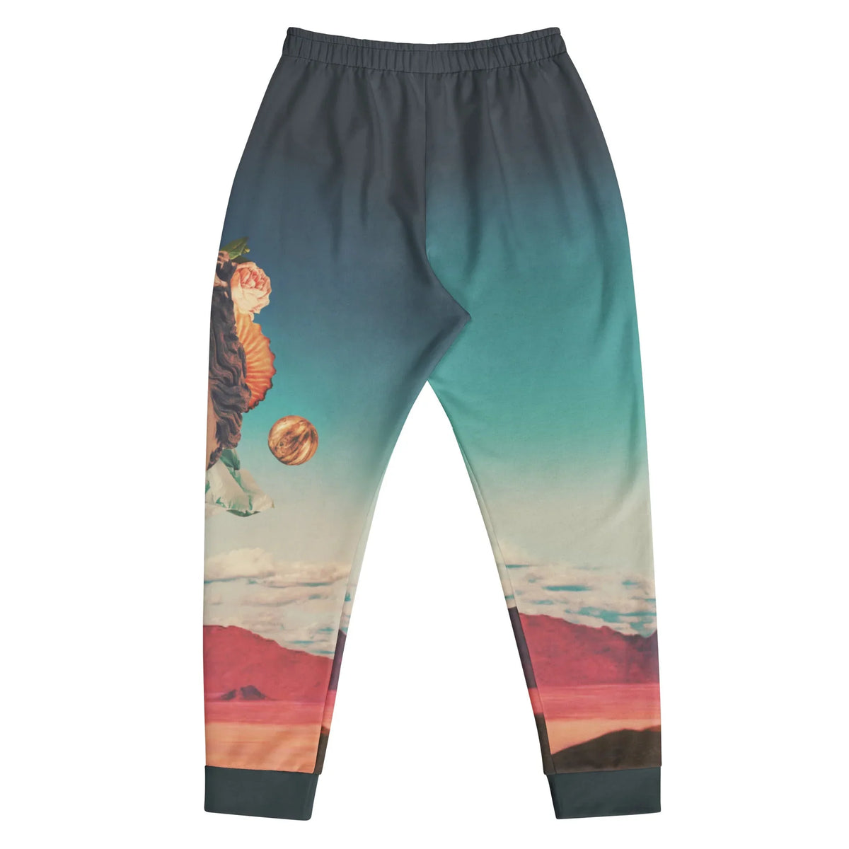 Vaporwave Goddess Joggers - The stoic Greco-Roman deity head floating aimlessly in a gradient cyan (#66BCAE) and deep slate (#2C3036) digital void