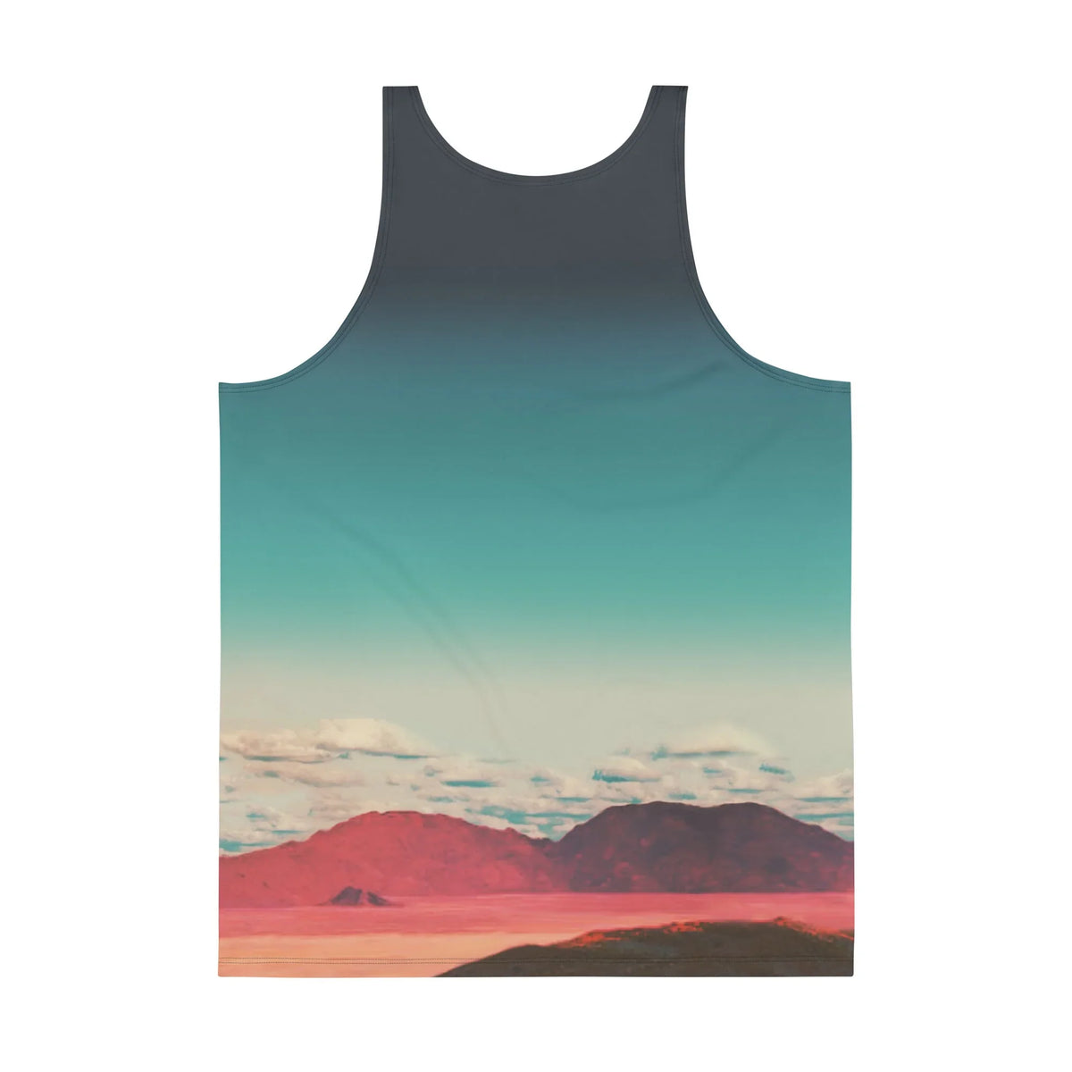 Vaporwave Goddess Men's Tank - The stoic Greco-Roman statue head juxtaposed against the surreal, synthetic #F08080 coral pink digital ocean, with flanking #CD7F32 bronze orbs and a #2F4F4F slate blue gradient sky.