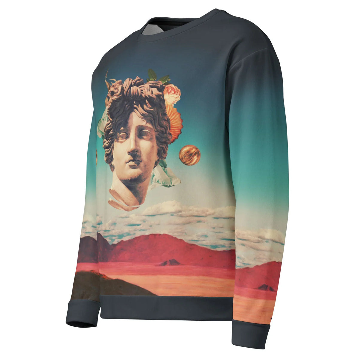 Vaporwave Goddess Sweatshirt in Surrealist Twilight Gradient. OEKO-TEX® 100, REACH Compliant, GRS Certified.