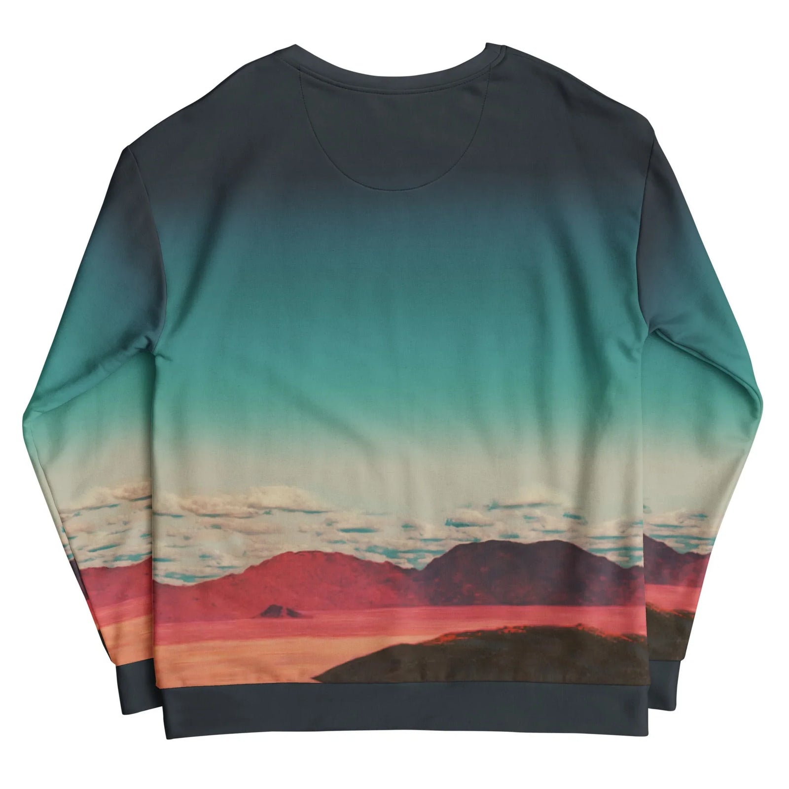 Vaporwave Goddess Sweatshirt - The stark juxtaposition of the disconnected classical marble head against the hyper-real salmon pink (#E76F51) digital lake, framed by a teal sky gradient (#2A9D8F).